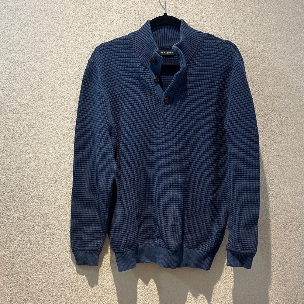 Marc Fisher Navy Waffle-Knit Button Mock Neck Sweater